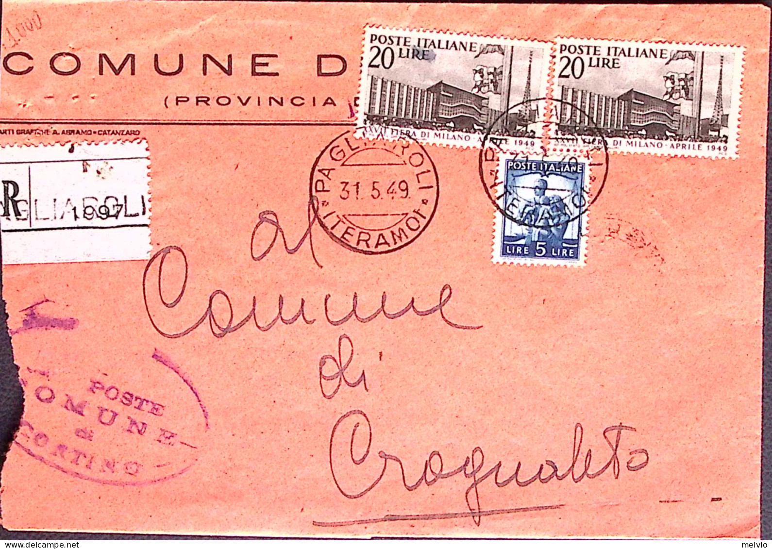 1949-FIERA MILANO Due Lire 20 + Democratica Lire 5 Su Raccomandata Pagliarolo (3 - 1946-60: Storia Postale