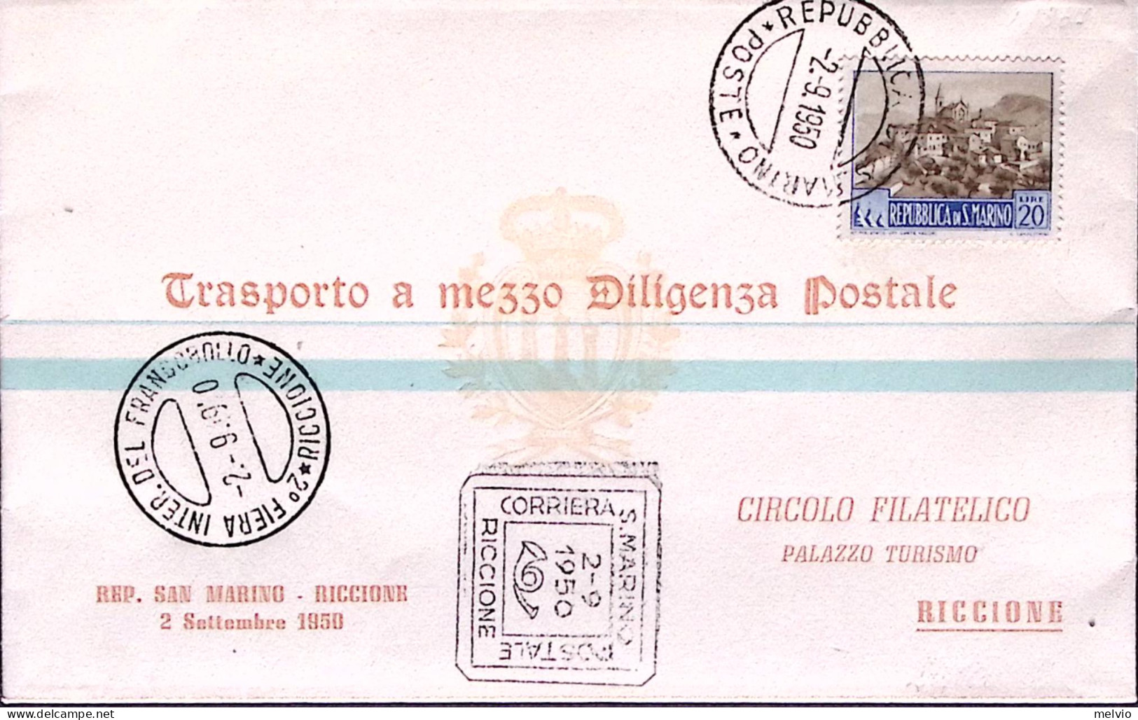 1950-SAN MARINO Corriera Postale San Marini-Riccione Annullo Speciale (2.9) Su B - Briefe U. Dokumente