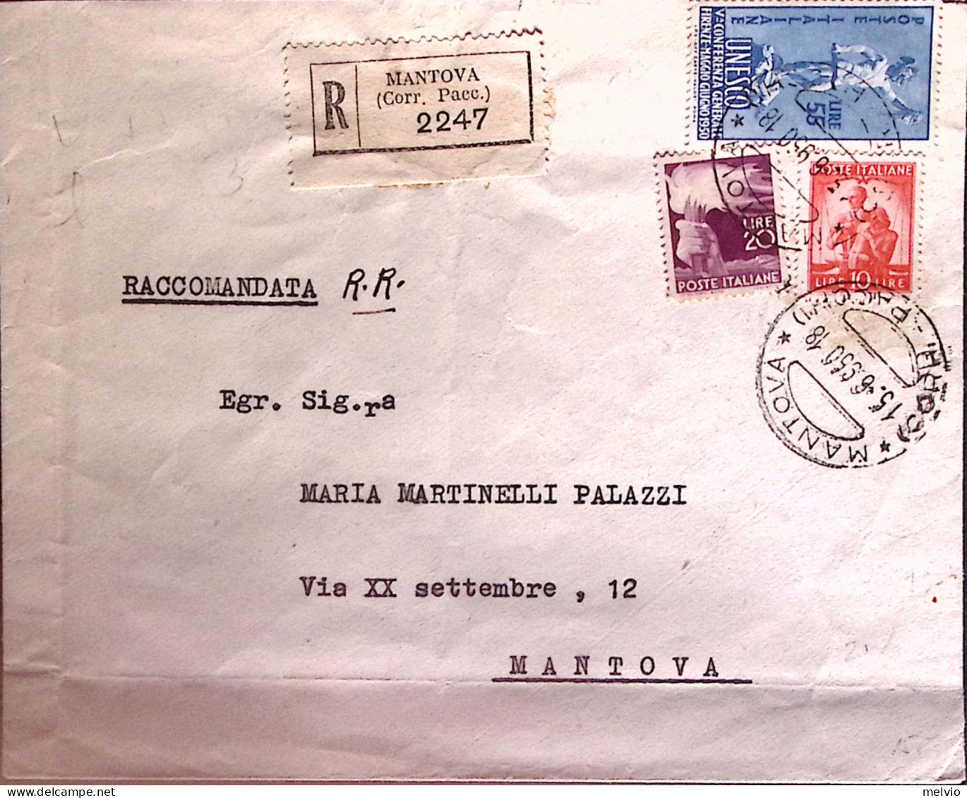 1950-UNESCO Lire 55 + Democratica Lire 10 E 20 Su Raccomandata Mantova (5.6) - 1946-60: Marcophilie