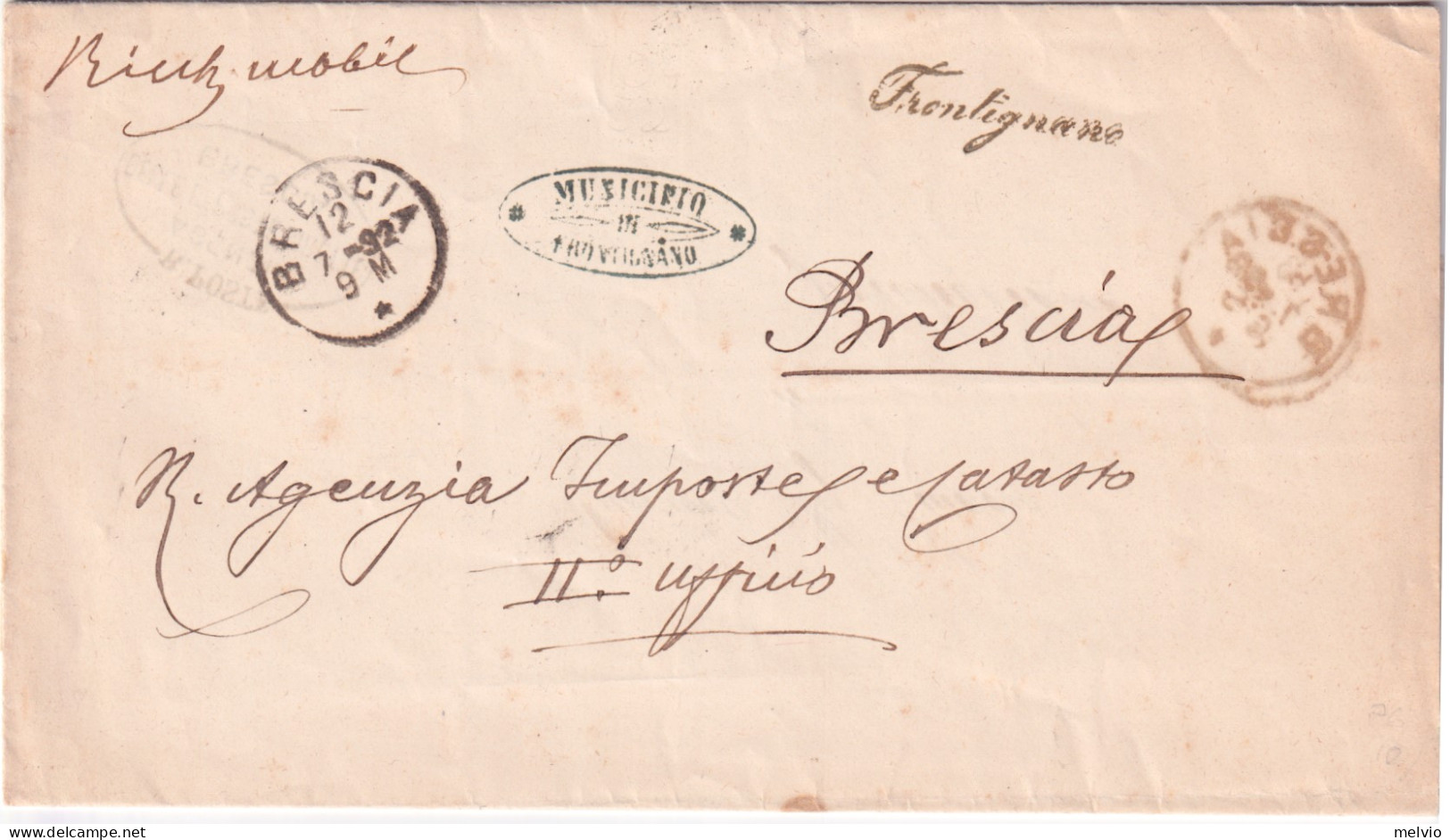 1892-FRONTIGNANO Corsivo Collettoria Su Piego Brescia (12.7) - Poststempel