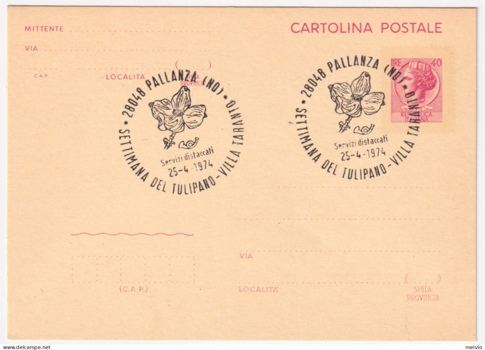1974-PALLANZA SETTIMANA DEL TULIPANO (25.4) Annullo Speciale Su Cartolina Postal - 1971-80: Marcophilie