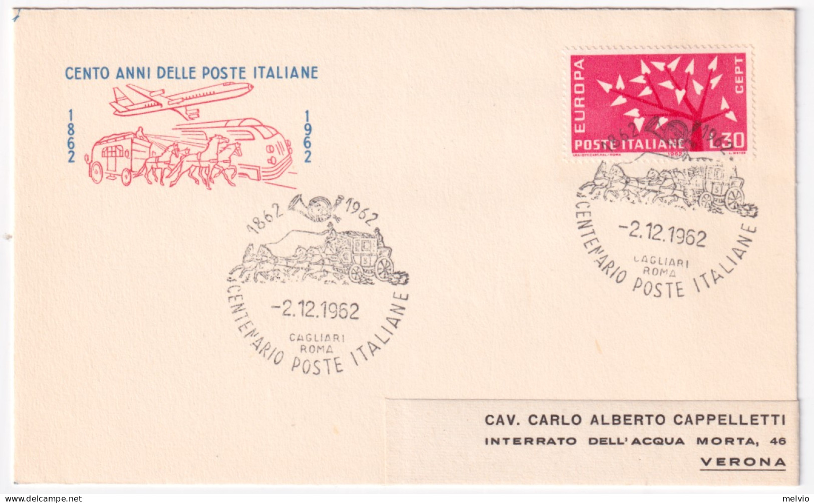 1962-100 POSTE. CAGLIARI-ROMA (2.12) Annullo Speciale Su Busta - 1961-70: Storia Postale