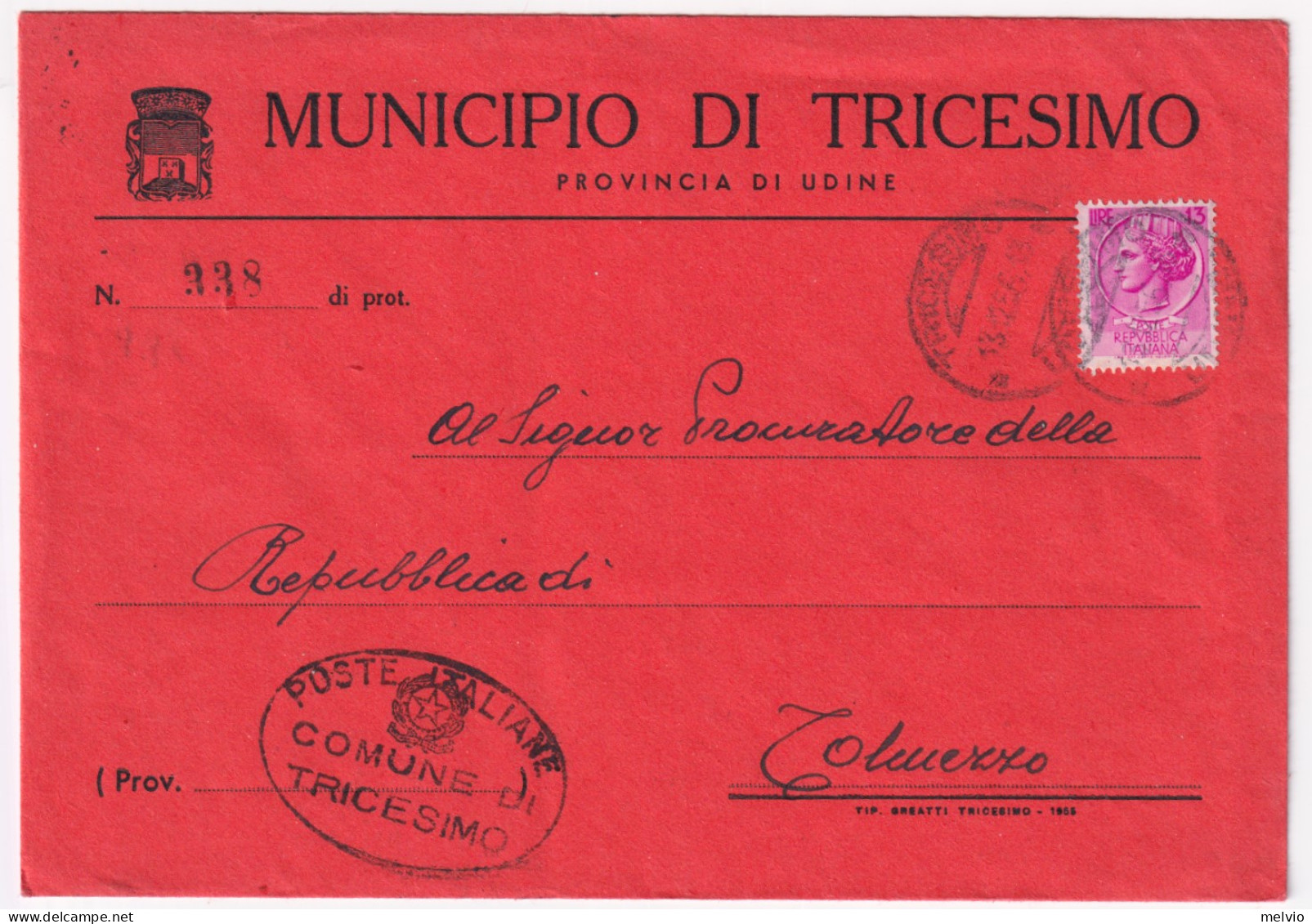 1956-Siracusana Lire 13 (766) Isolato Su Busta Municipio Di Tricesimo (Udine) Co - 1946-60: Marcophilia