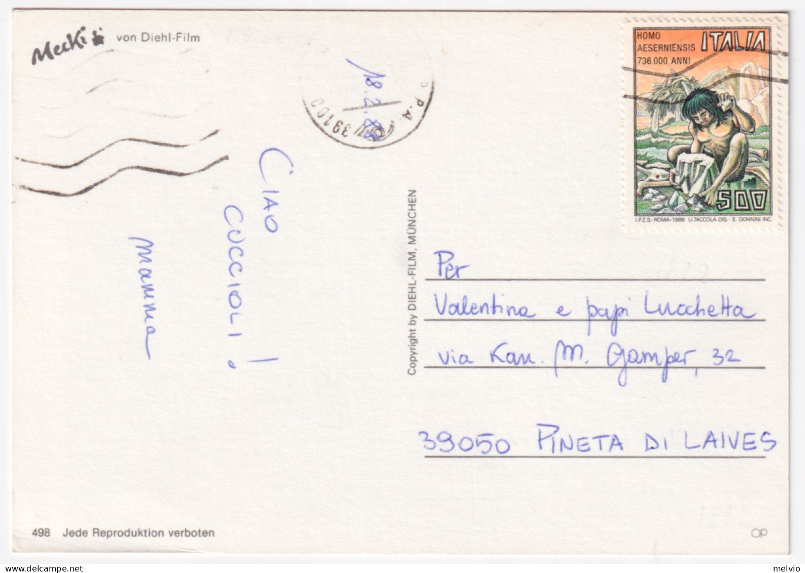 1988-HOMO AESERNIENSIS (1822) Isolato Su Cartolina - 1981-90: Marcophilia