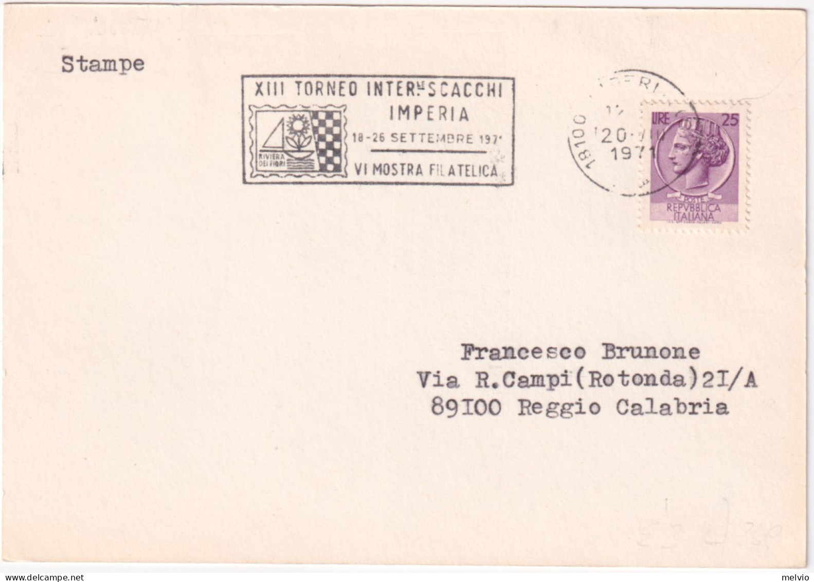 1971-IMPERIA XIII^TORNEO INT. SCACCHI (20.9) Annullo Speciale Su Busta - 1971-80: Storia Postale