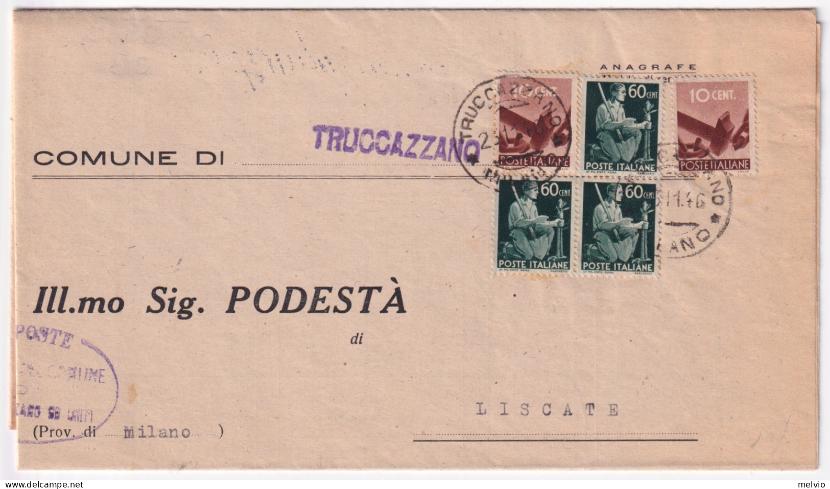 1946-Democratica Due C.10 E Tre C.60 (543+548) Su Piego Truccazzano (23.11) - 1946-60: Poststempel