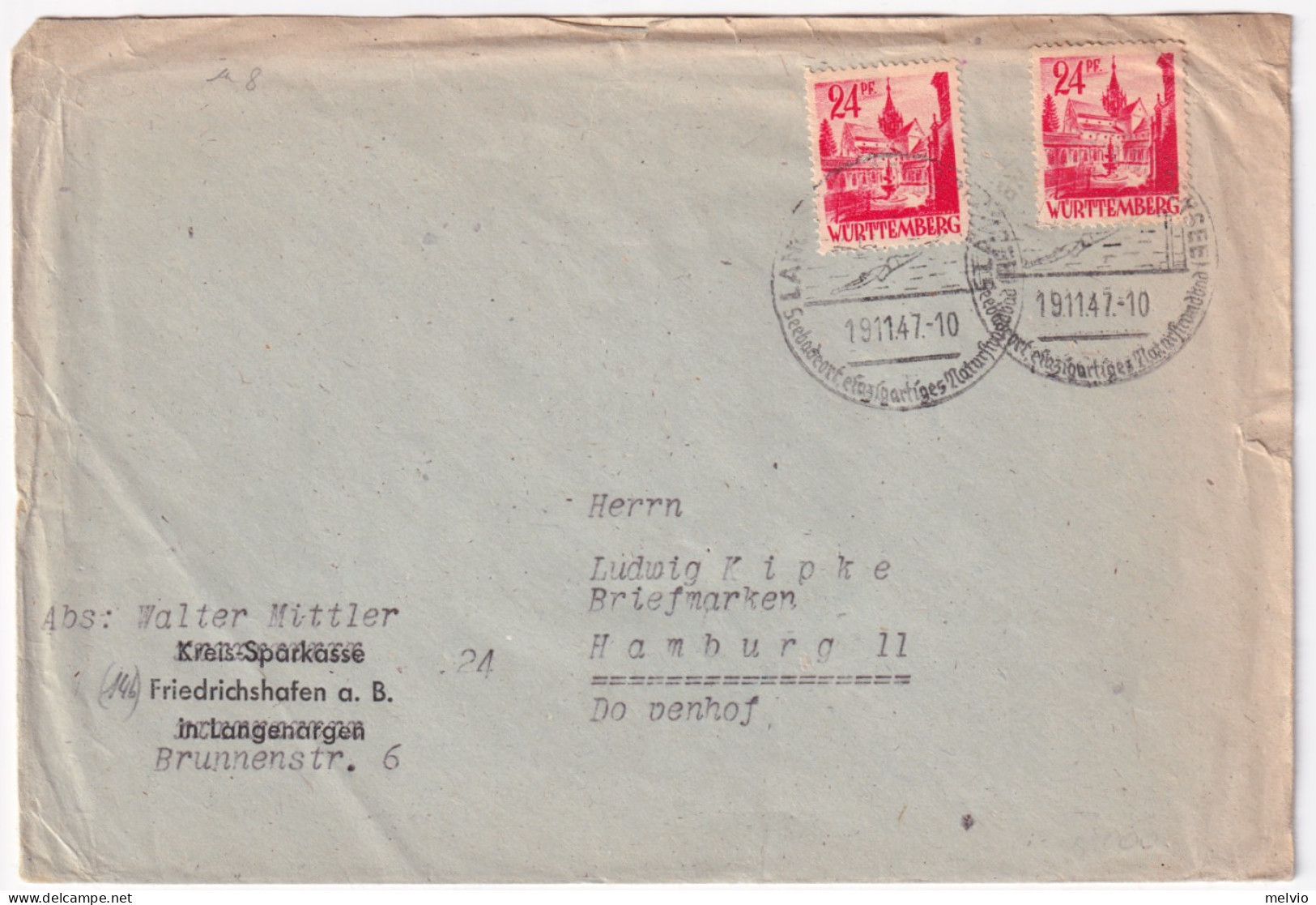 1947-Germania Occ. Francese Wurttemberg Due P.24 Su Busta - Andere & Zonder Classificatie
