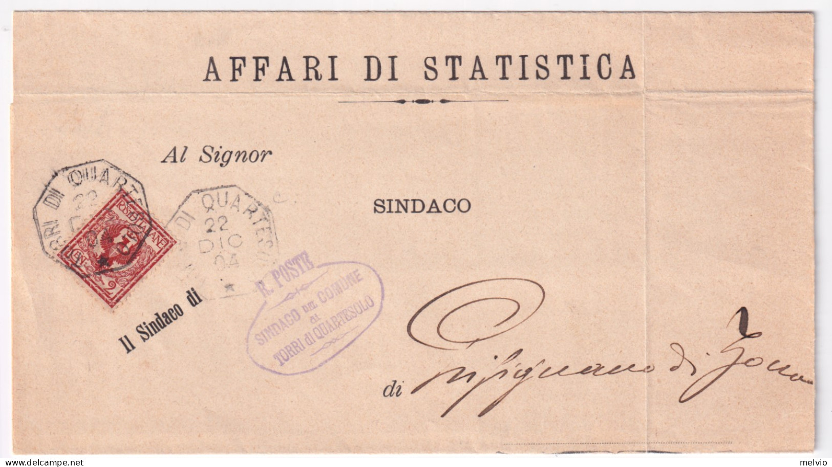1894-TORRI DI QUARTESOLO Ottagonale Collettoria (22.12) Su Piego - Marcophilia