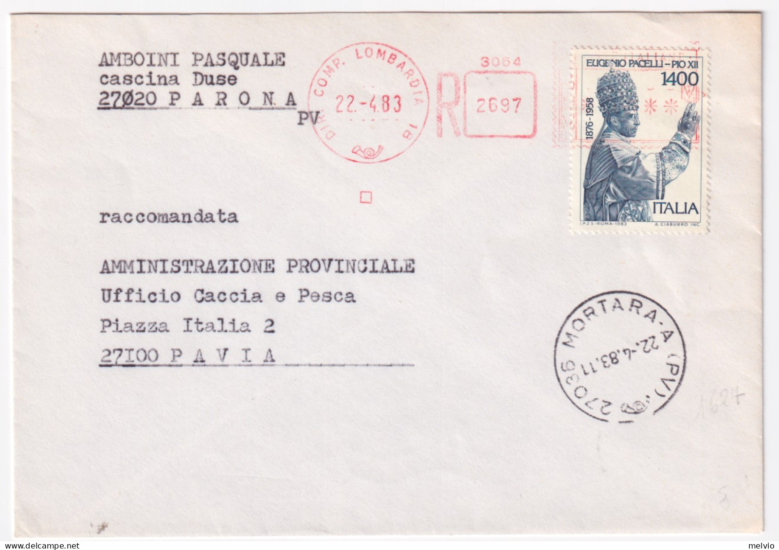 1983-PAPA PIO XII^lire 1400 (1627) Isolato Su Raccomandata Mortara (22.4) - 1981-90: Marcophilie