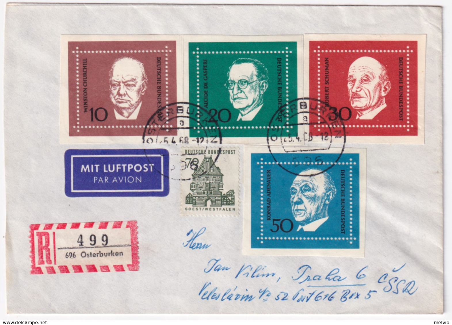 1963-GERMANIA Morte Adenauer Serie Cpl Da Foglietto + Monumenti P.70 Su Raccoman - Cartas & Documentos