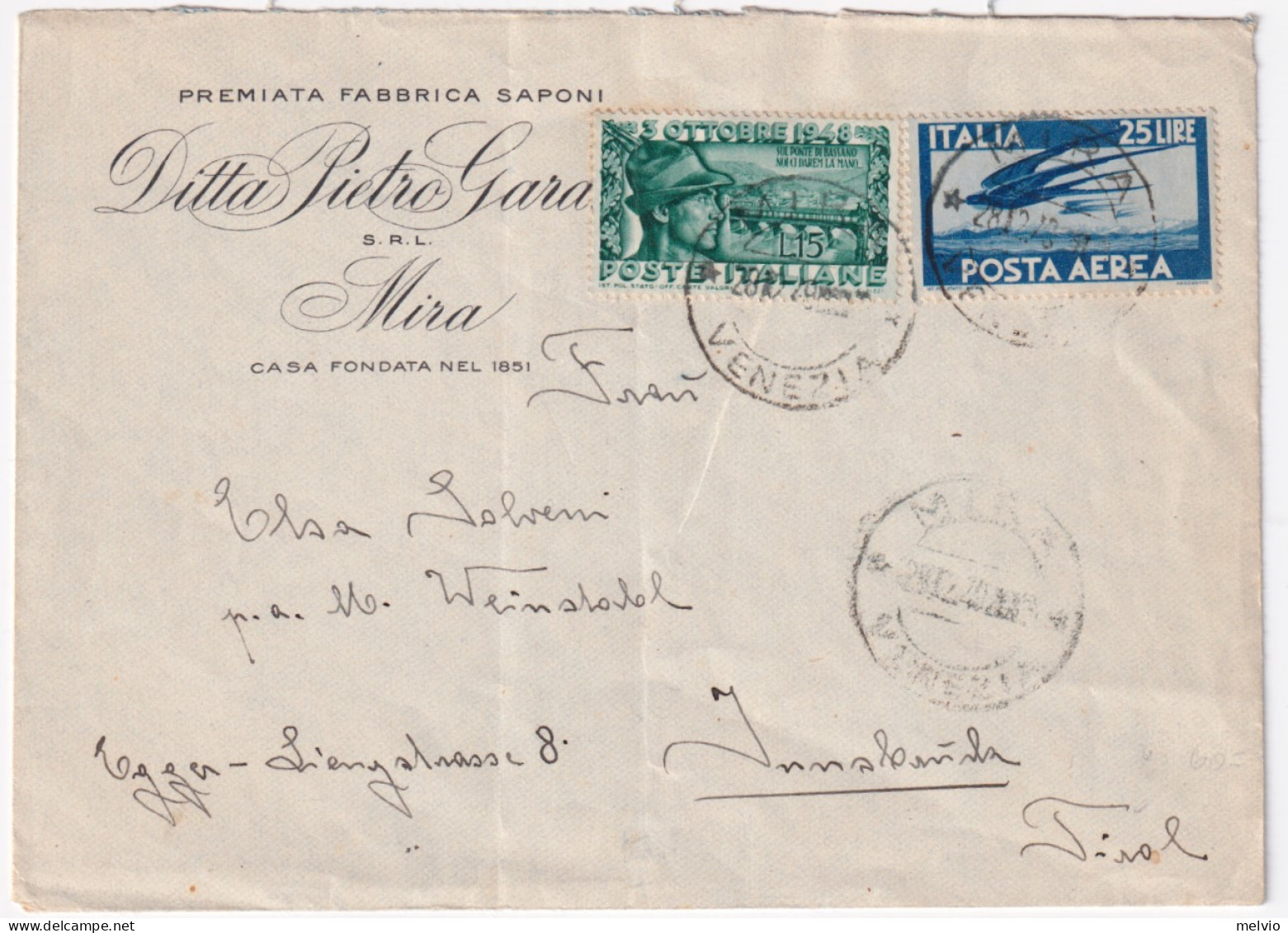 1949-PONTE BASSANO + Posta Aerea Lire 25 (131) Su Busta Mira (28.12) Per L'Austr - 1946-60: Storia Postale