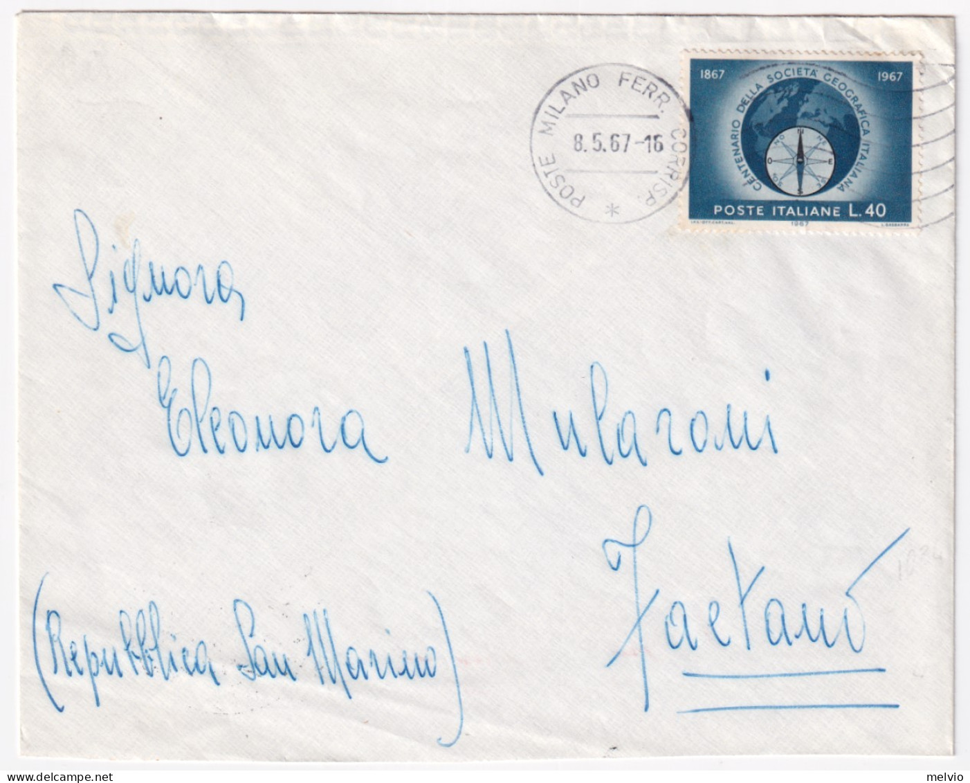 1967-SOCIETA' GEOGRAFICA (1034) Isolato Su Busta Per Rep. San Marino - 1961-70: Poststempel