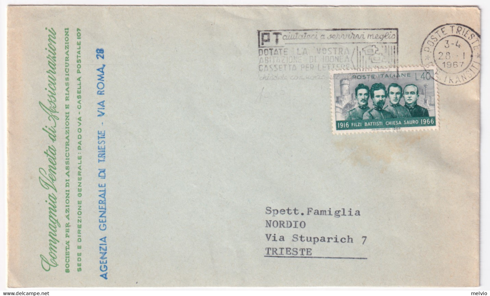 1967-MARTIRI TRENTINI (1032) Isolato Su Busta - 1961-70: Storia Postale