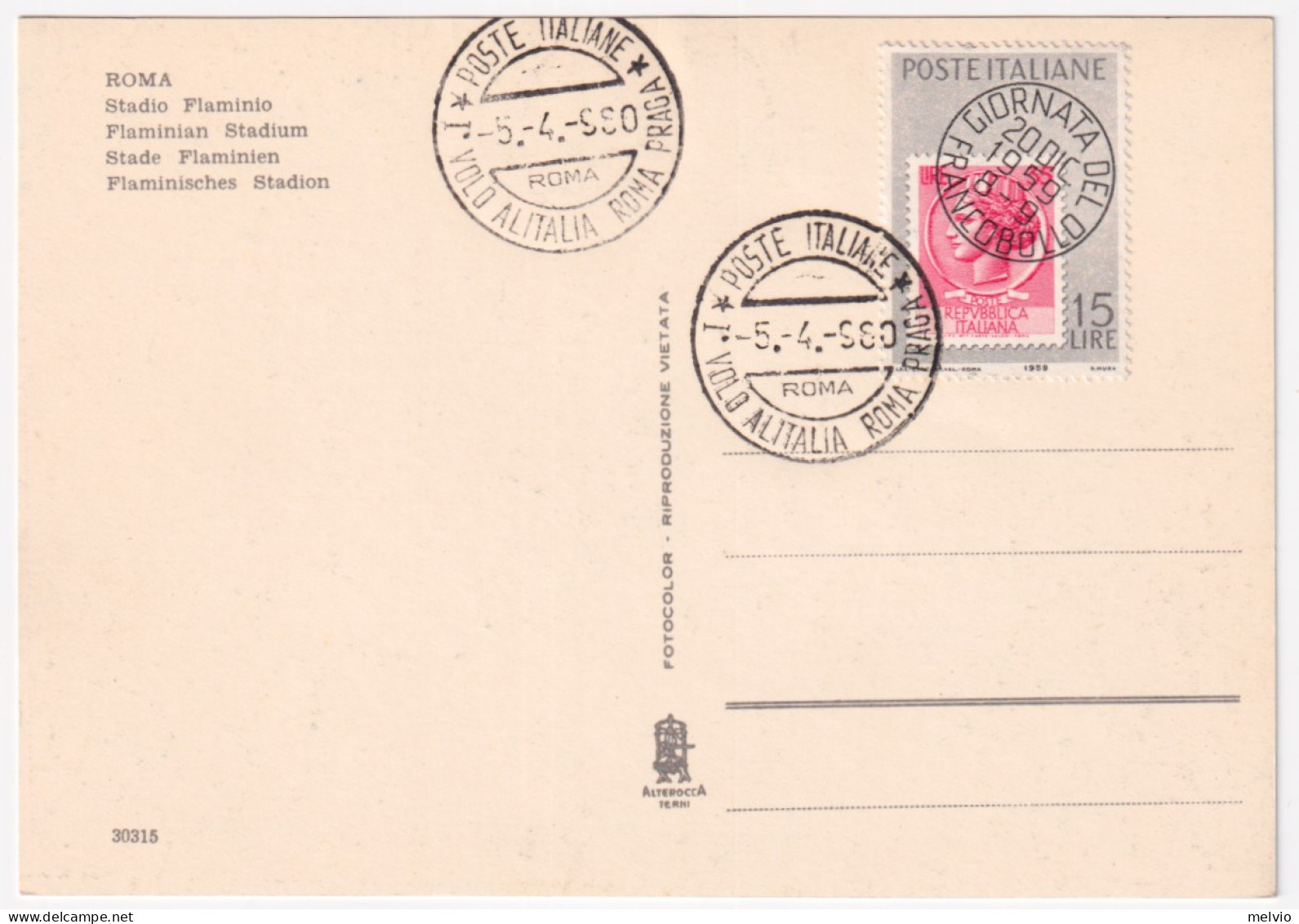 1960-ROMA I^volo ALITALIA ROMA-PRAGA (5.4) Annullo Speciale Su Cartolina - Poste Aérienne