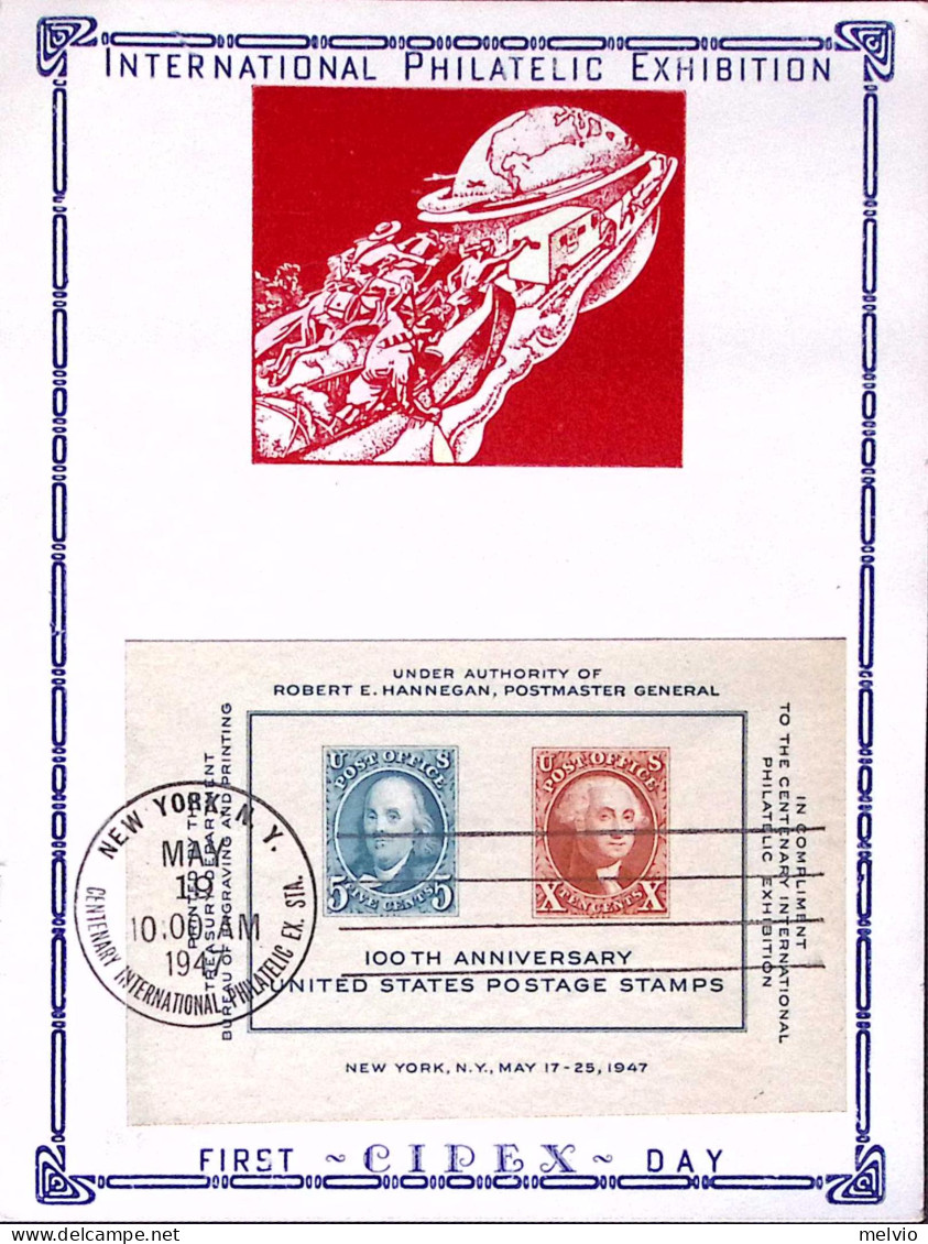 1947-U.S.A. 100^ Anniversario Mostra Filatelica Foglietto Su Fdc Su Cartolina Ri - Marcofilia