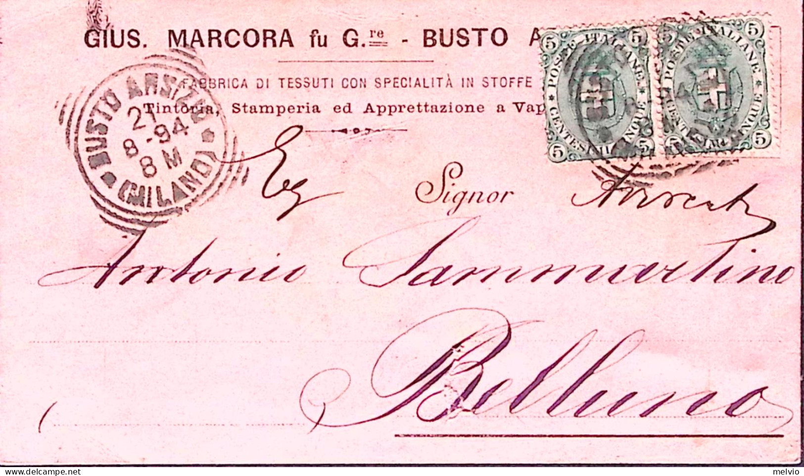 1894-BUSTO ARSIZIO Tondo Riquadrato (21.8) Su Cartolina Affrancata Stemmi Coppia - Poststempel