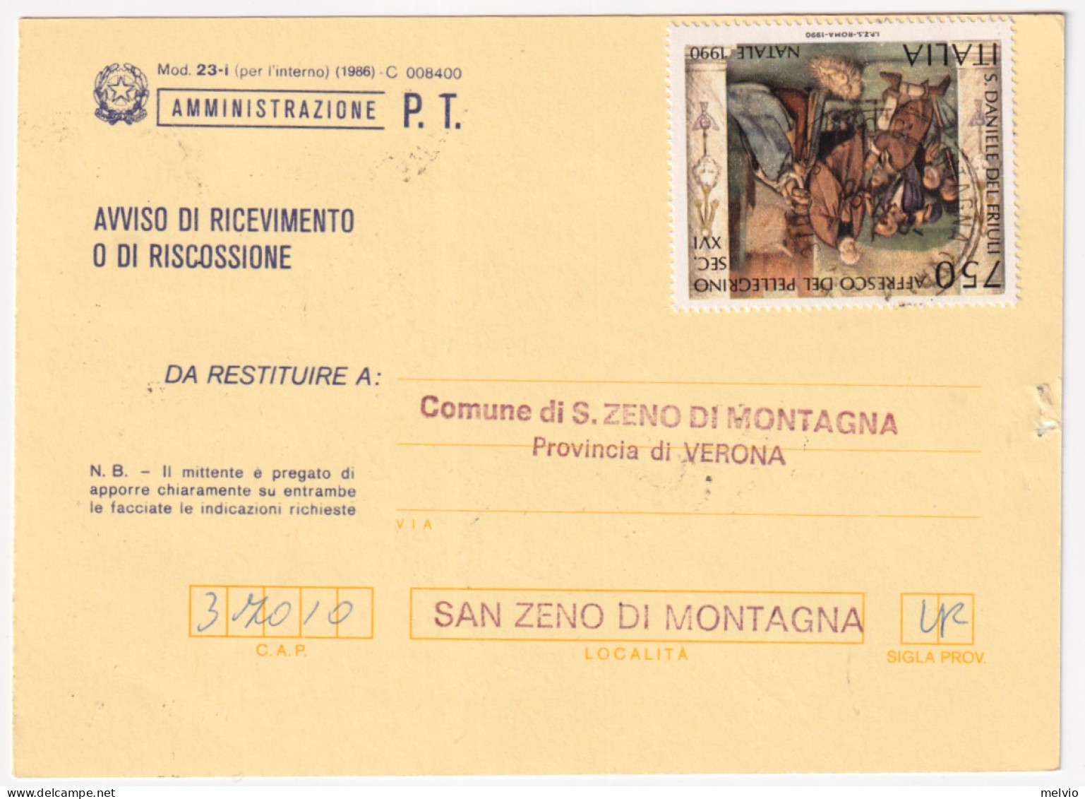 1990-NATALE'90 Lire 750 Affresco Del Pellegrino (1946) Isolato Su Avviso Ricevim - 1981-90: Poststempel