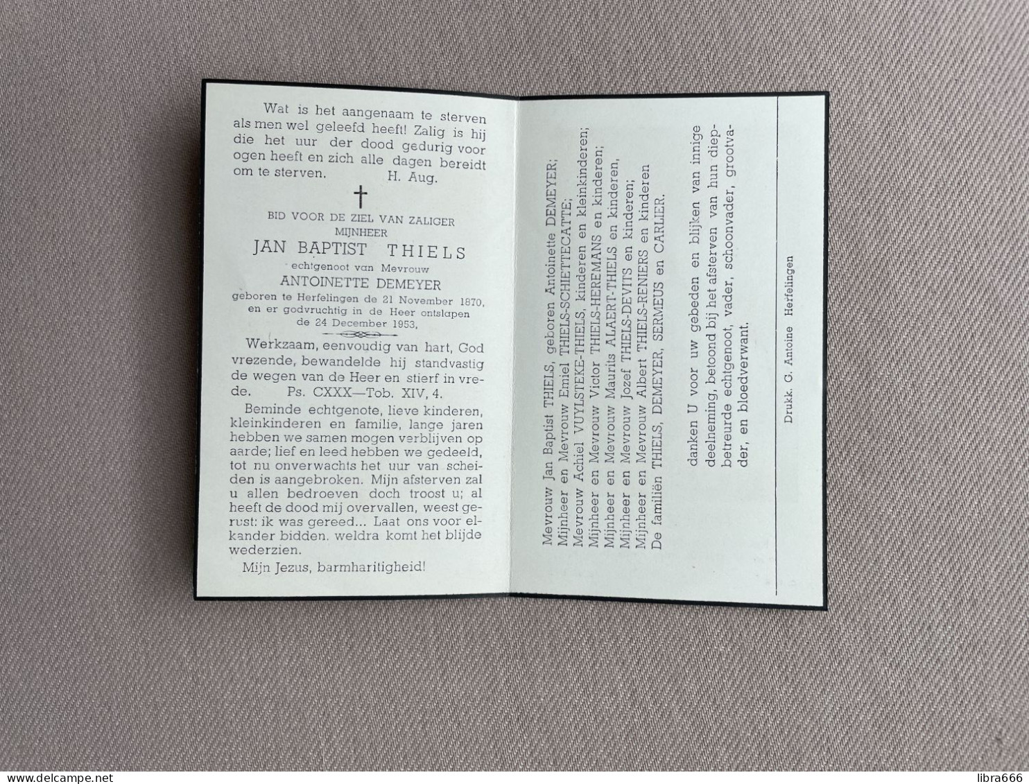 THIELS Jan Baptist °HERFELINGEN 1870 +HERFELINGEN 1953  DEMEYER - SERMEUS - CARLIER - SCHIETTECATTE - VUYLSTEKE - DEVITS - Obituary Notices