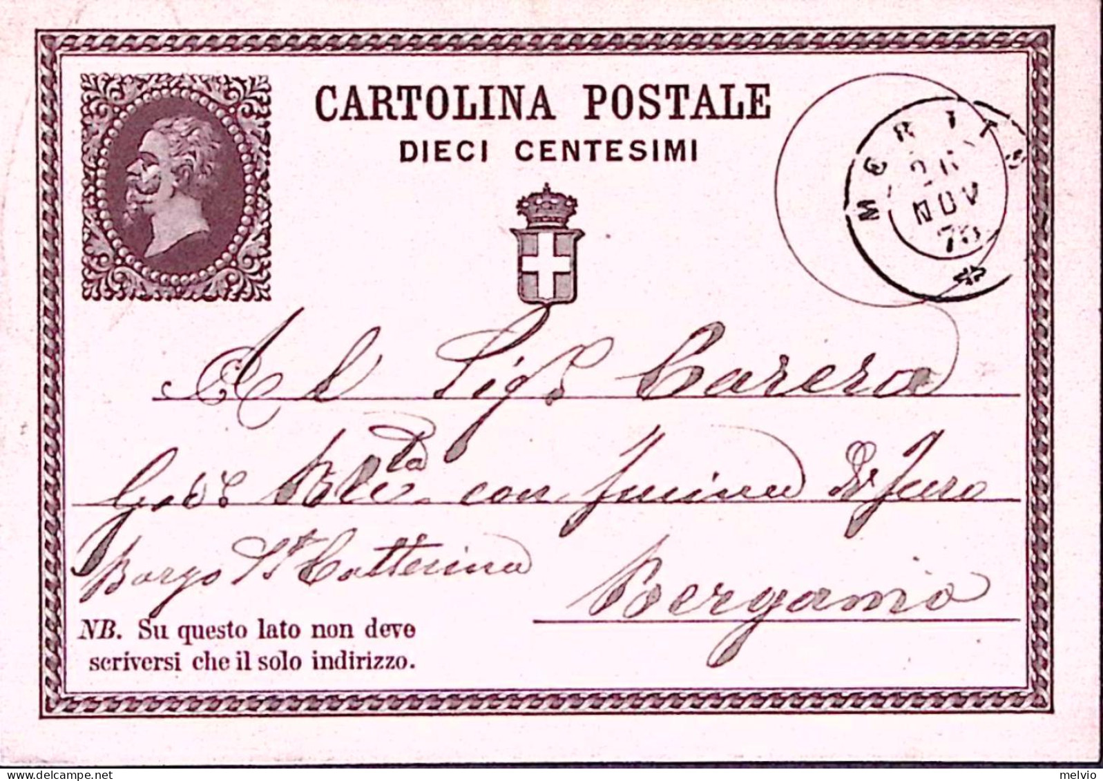 1875-MERATE C.2 (26.11) Su Cartolina Postale Effigie C.10 - Entiers Postaux