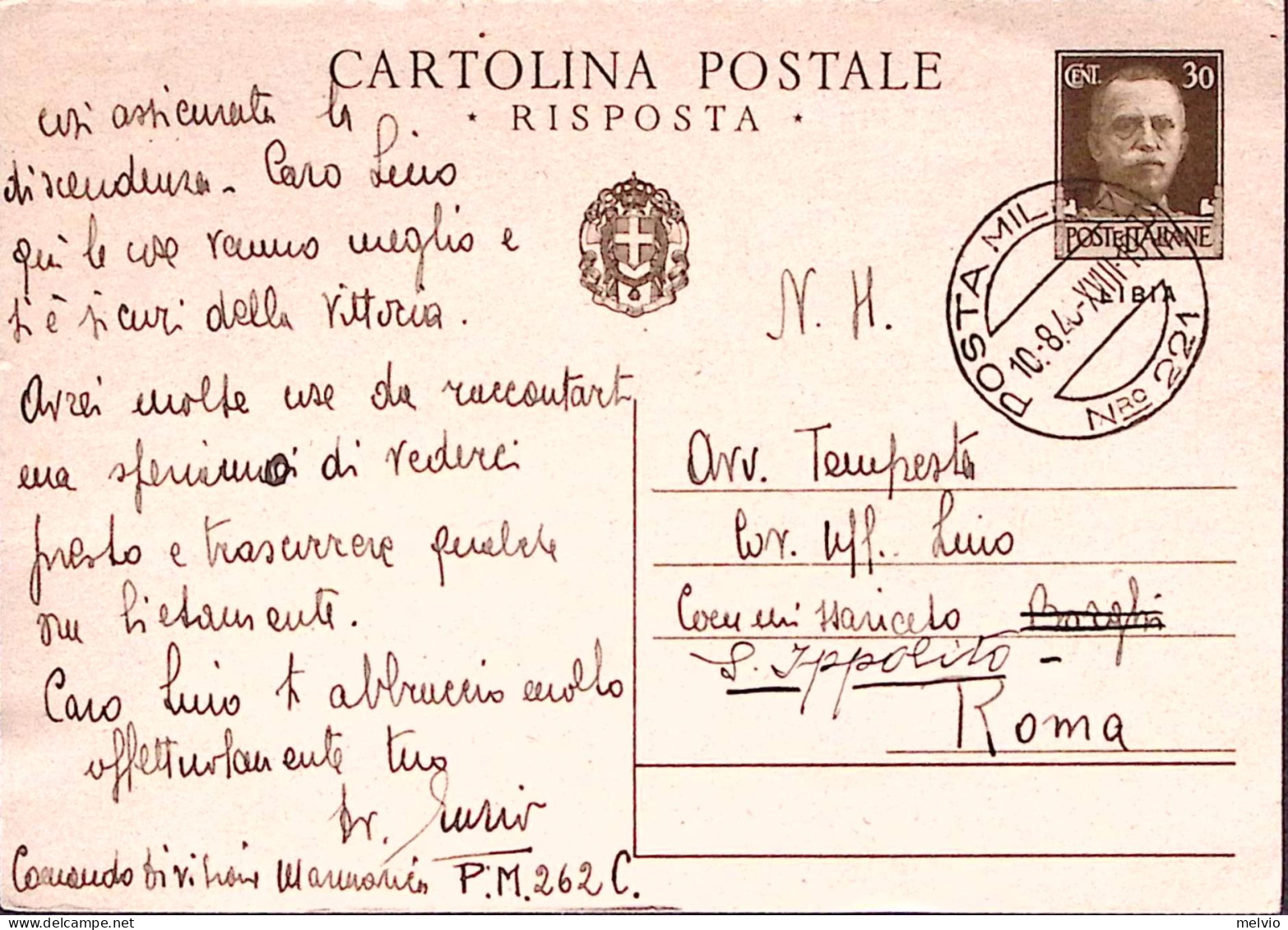1940-POSTA MILITARE/N 221 C2 (10.8) Su Cartolina Postale RP Imperiale Sopr Libia - Libië