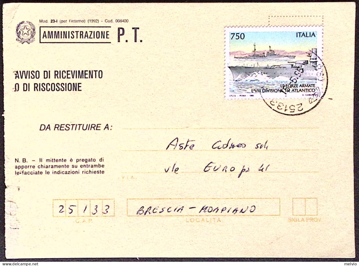 1996-AVVENIMENTI STORICI Forze Armate In Atlantico Lire 750 Isolato Su Avviso Ri - 1991-00: Marcofilia