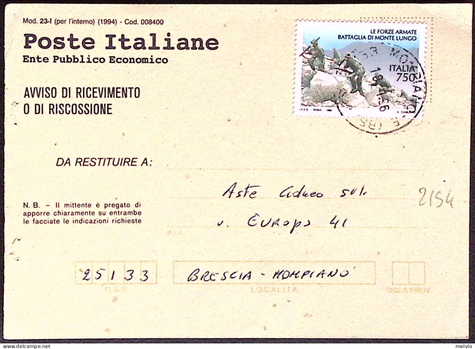 1996-AVVENIMENTI STORICI Battaglia Di Monte Lungo Lire 750 Isolato Su Avviso Ric - 1991-00: Marcofilia