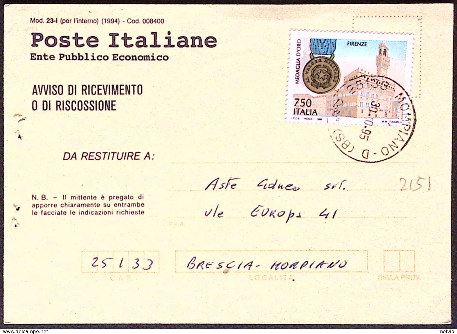 1996-AVVENIMENTI STORICI Firenze Medaglia D Oro Lire 750 Isolato Su Avviso Ricev - 1991-00: Marcophilie