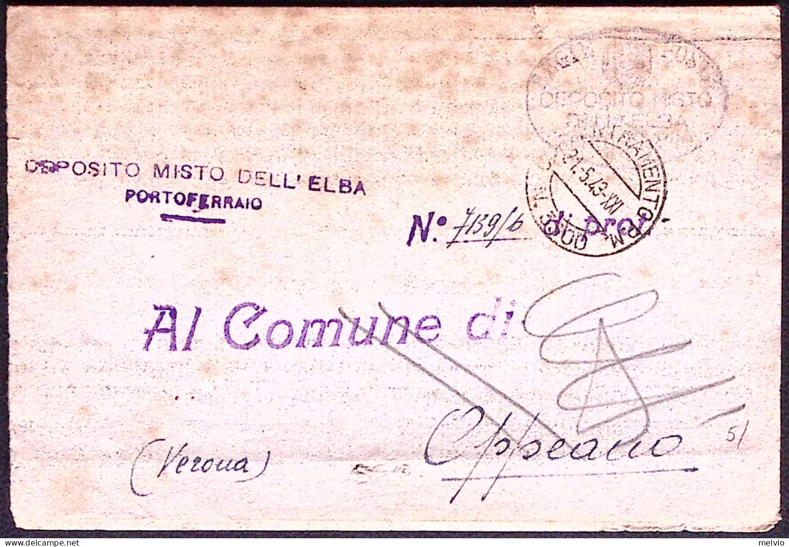 1943-DEPOSITO MISTO DELL'ELBA/PORTOFERRAIO Tondo E Lineare Su Piego PM 3300 (21. - Marcophilia