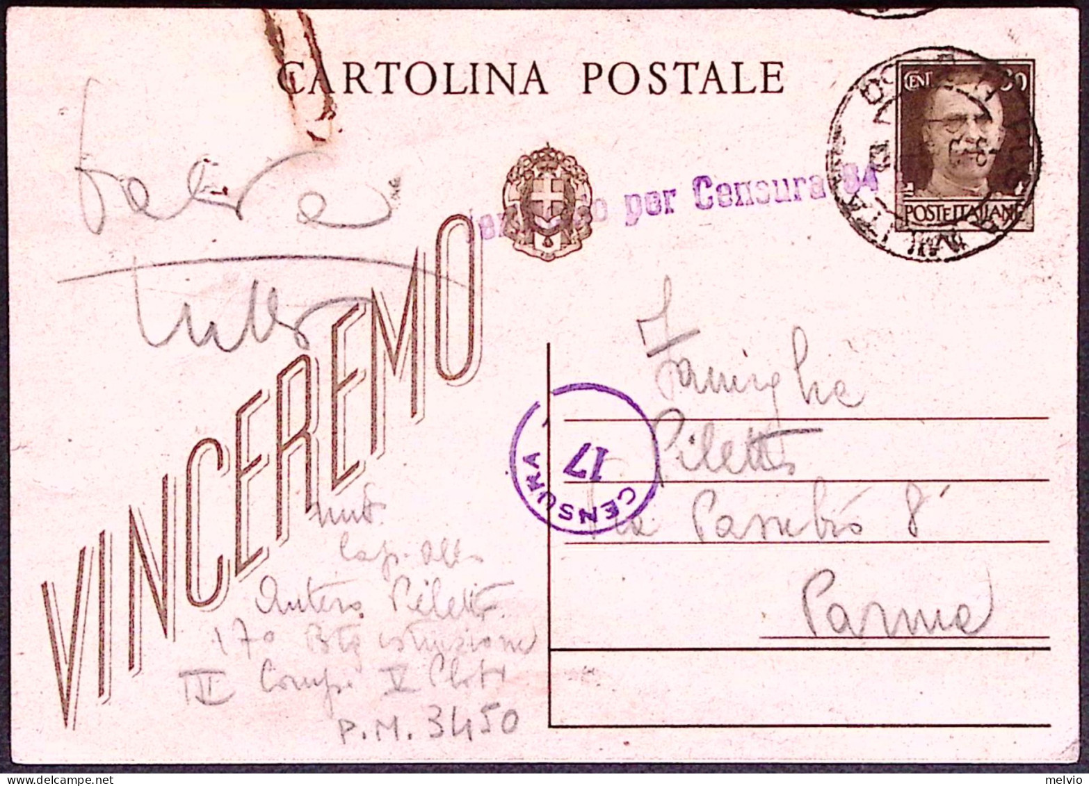 1943-POSTA MILITARE/N 3450 C2 (1.9) Su Cartolina Postale Vinceremo C.30 Fori Spi - Marcophilia