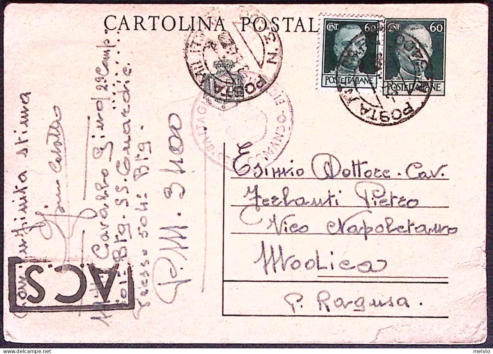 1945-POSTA MILITARE/N 3400 C2 (3.5) Su Cartolina Posta Imperiale SF C.60 Con Fr. - Marcophilia