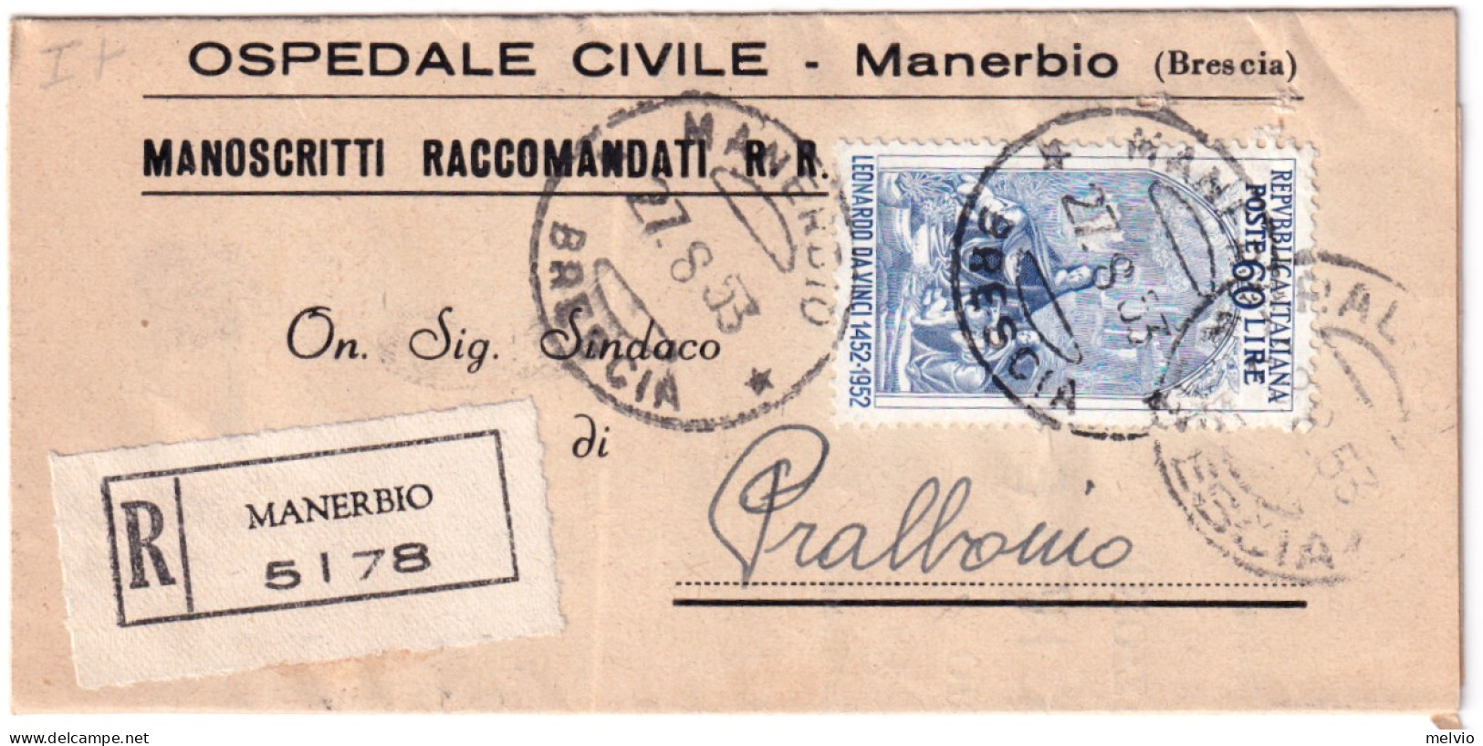 1953-LEONARDO Lire 60 Isolato Su Piego Raccomandato Manerbio (27.8) - 1946-60: Marcophilia