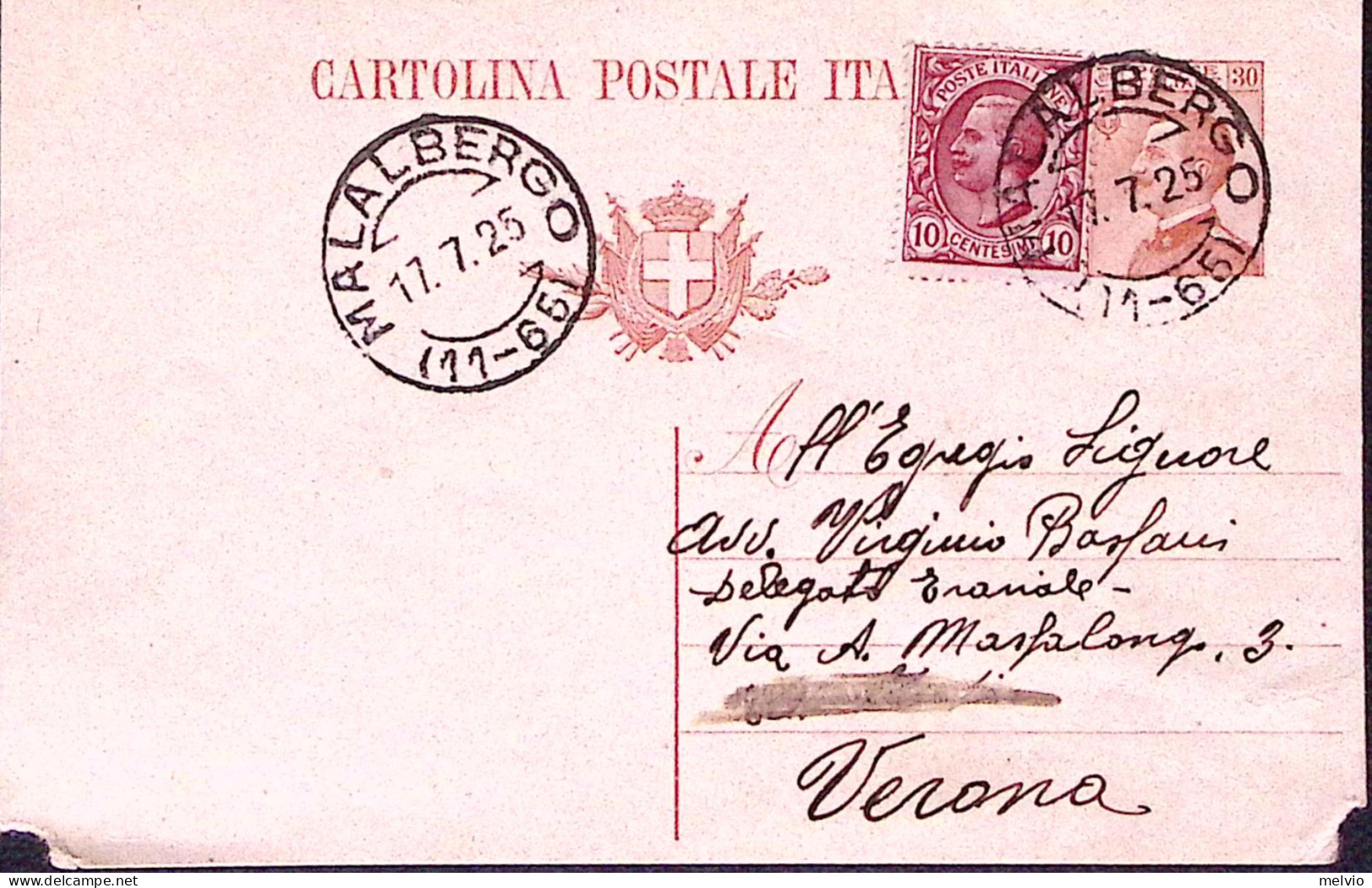 1925-MALALBERGO C2 (17.7) Su Cartolina Postale C.30 Con Fr.llo Aggiunto Leoni C. - Marcophilia