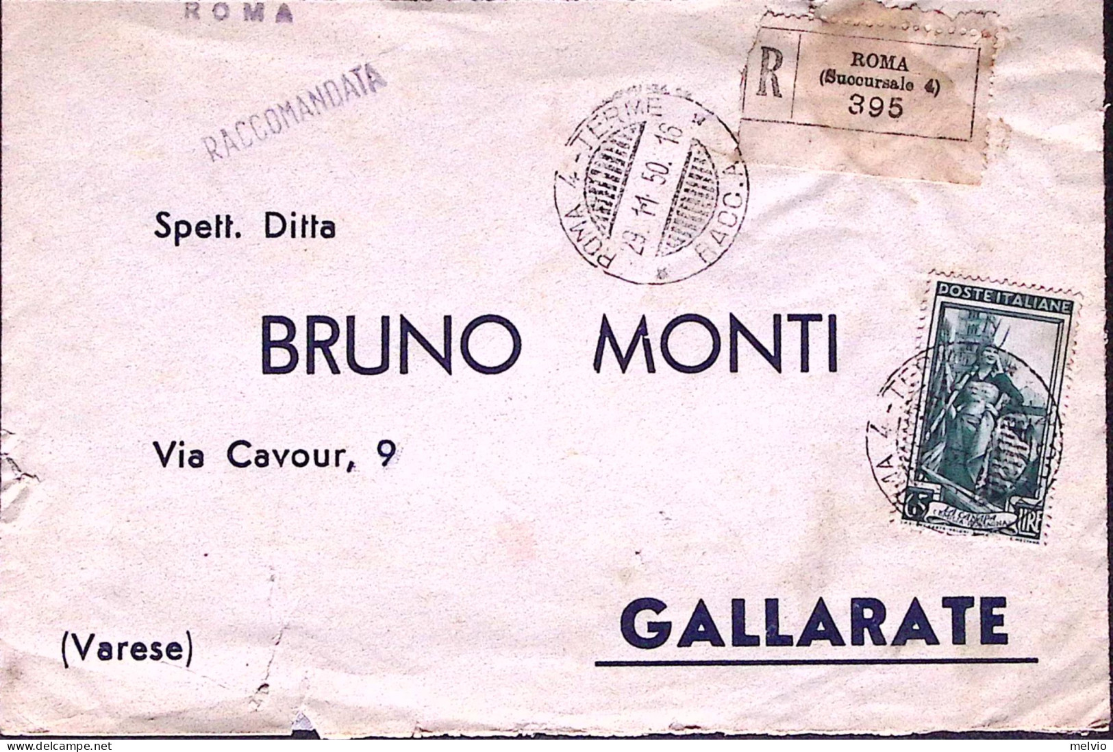 1950-ITALIA LAVORO Lire 65 Isolato Su Raccomandata Roma (29.11) - 1946-60: Marcophilia
