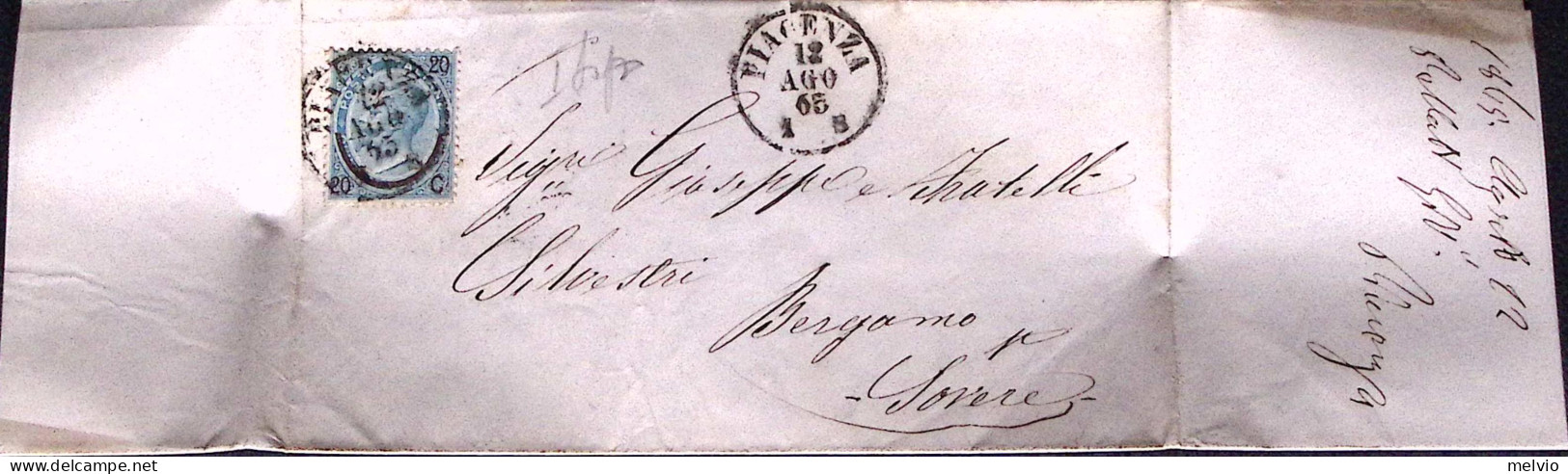 1865-EFFIGIE Sopr C.20/15 I Tipo Su Lettera Completa Testo Piacenza (12.8) - Storia Postale