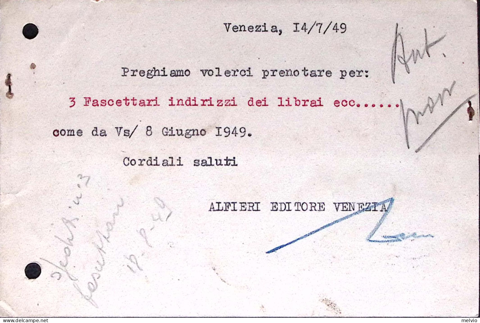 1949-BIENNALE VENEZIA Lire 15 Isolato Su Cartolina Venezia (16.7) Fori Archivio - 1946-60: Poststempel