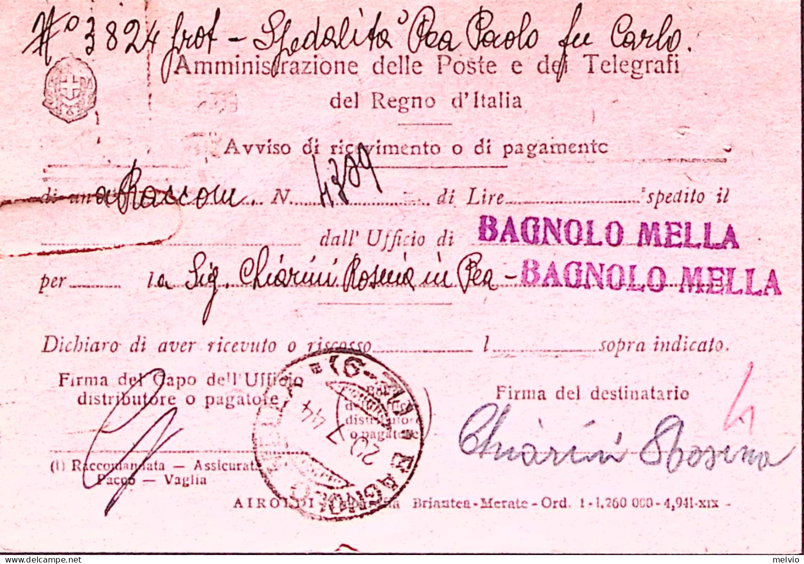 1944-MONUMENTI Due C.25 Su Avviso Di Ricevimento - Storia Postale