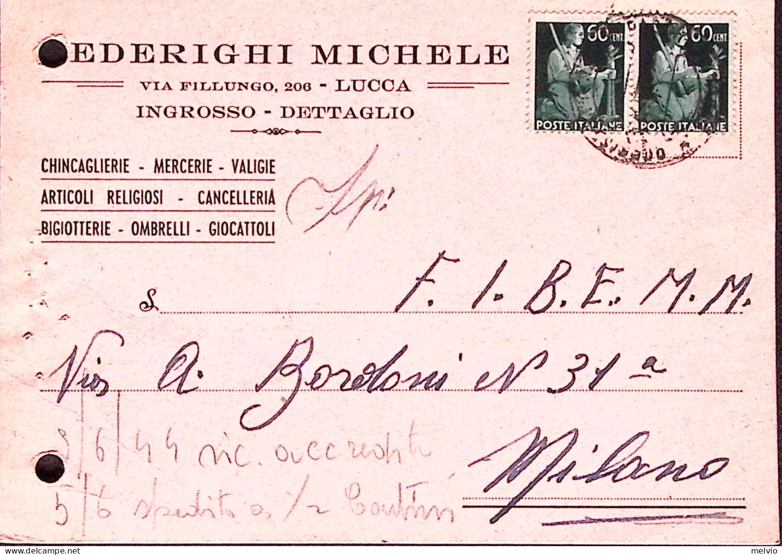 1946-Democratica Coppia C.60 Su Cartolina Lucca (30.1) Fori Archivio - 1946-60: Marcophilie