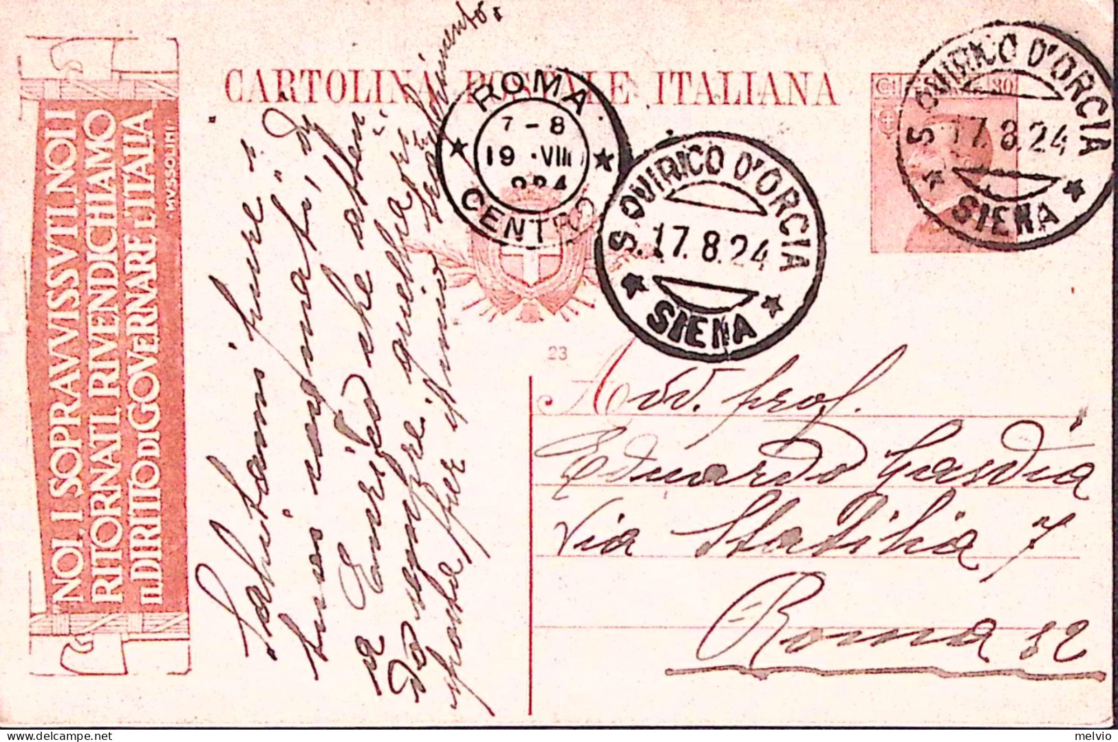 1924-CARTOLINA POSTALE C.30 Noi I Sopravvissuti (SU TRE RIGHE) Viaggiata S. Quir - Stamped Stationery