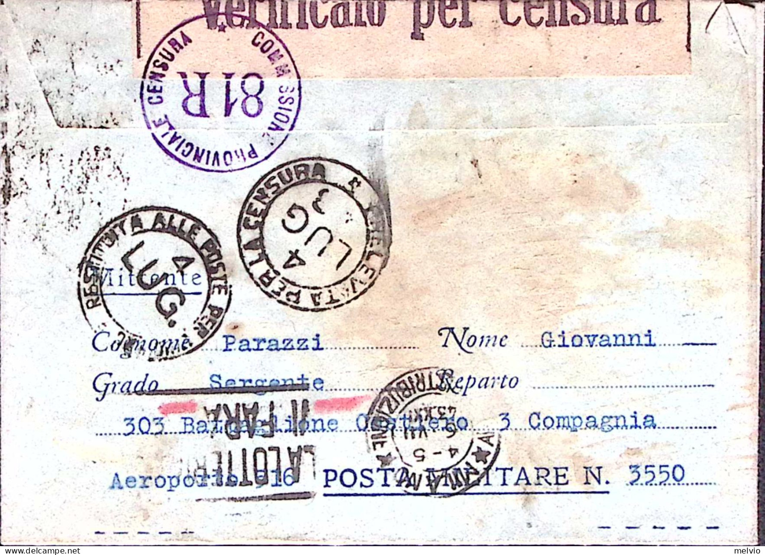 1943-R. AEROPORTO 516 Dattiloscritto Al Verso Di Biglietto Franchigia Posta Mili - War 1939-45