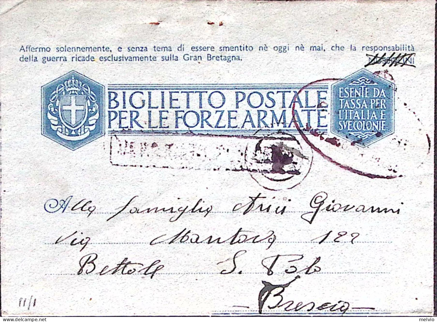 1943-R.N. NICOLOSO Da RECCO Manoscritto E Ovale Su Biglietto Franchigia (data Ma - Guerre 1939-45