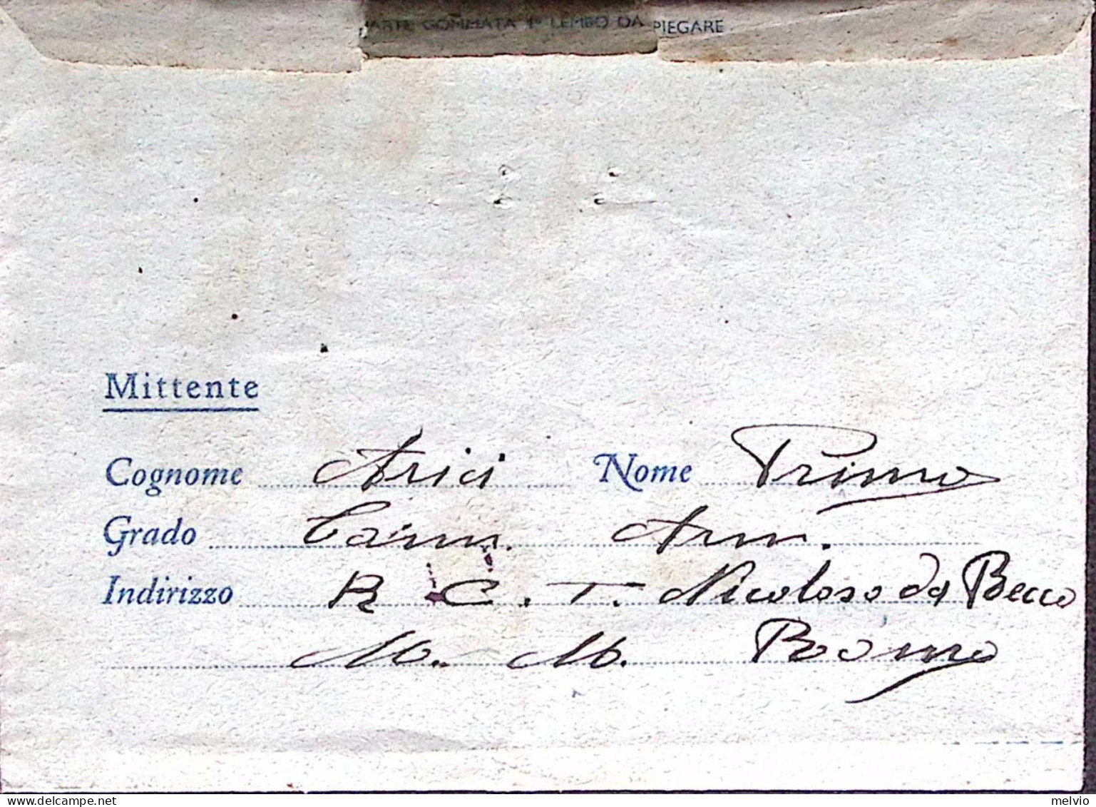 1943-R.N. NICOLOSO Da RECCO Manoscritto E Ovale Su Biglietto Franchigia (data Ma - Guerre 1939-45