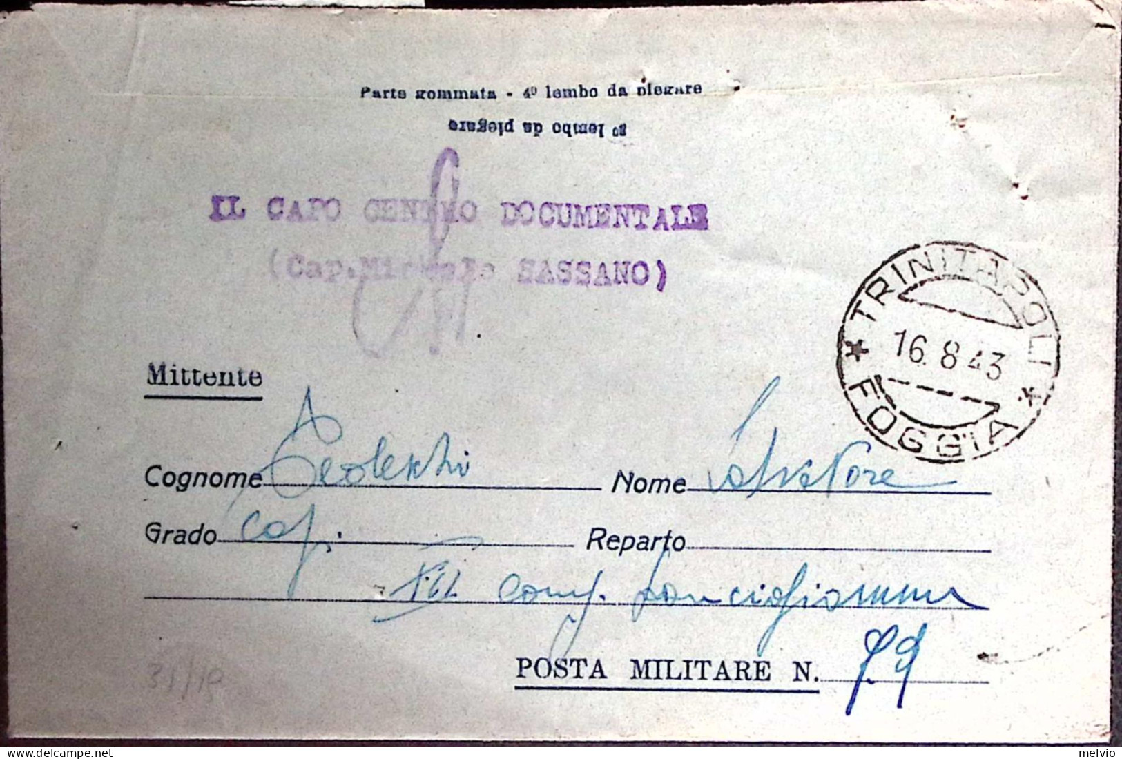 1943-BIGLIETTO FRANCHIGIA A Diritta Frase Oggi Il Tripartito .fori Spillo Bollo  - War 1939-45