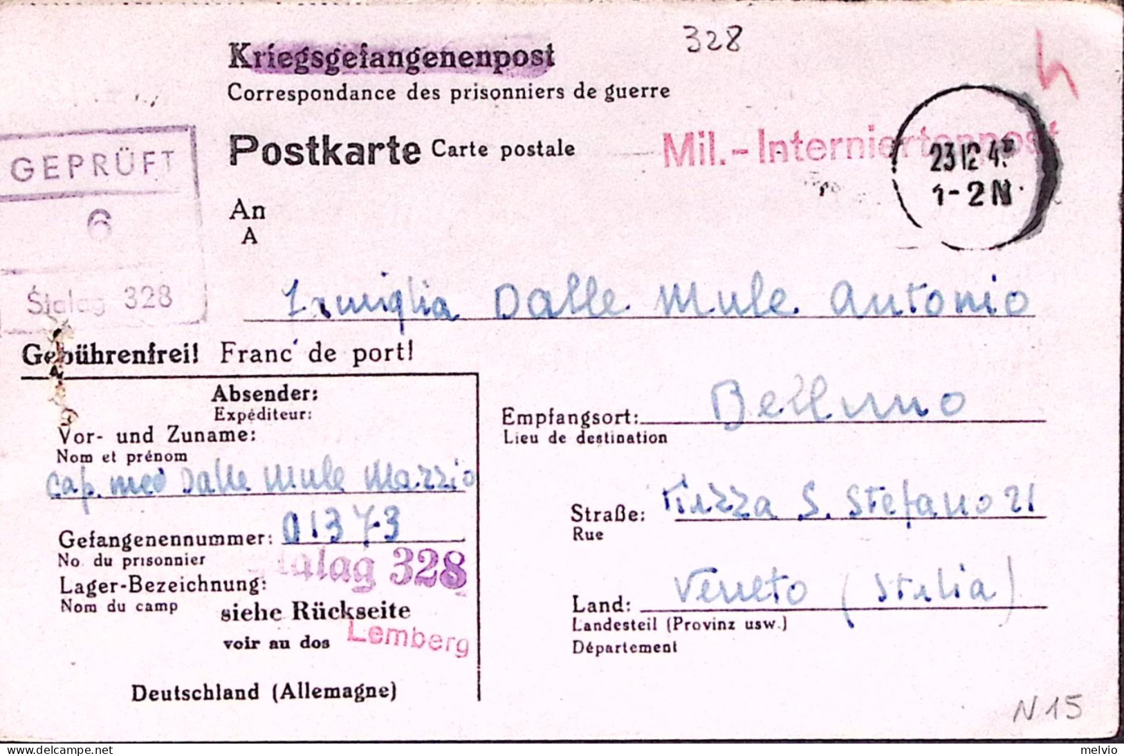 1943-STALAG 328 Su Cartolina Franchigia Annullo Muto (23.12) Da Prigioniero Guer - Weltkrieg 1939-45