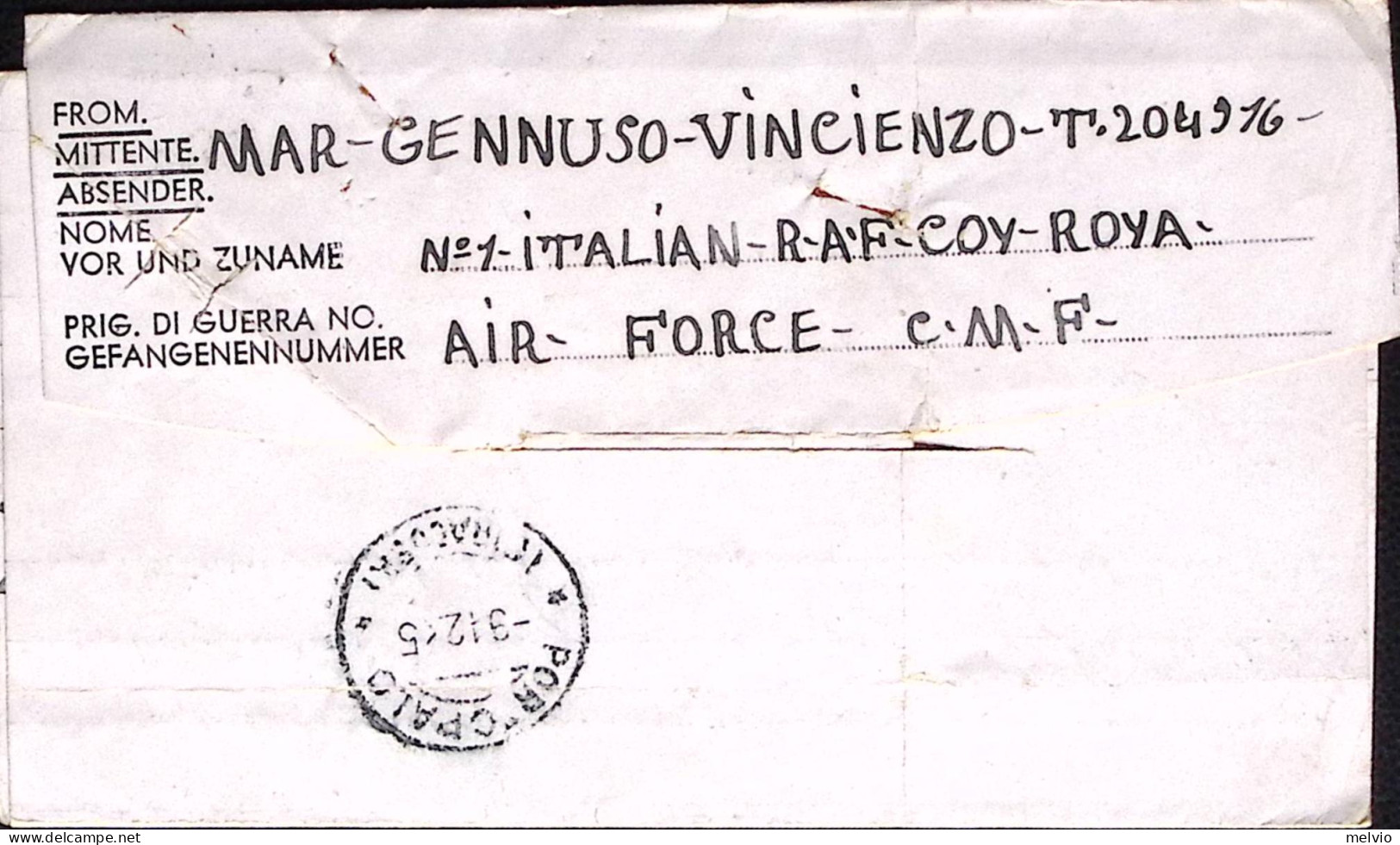 1945-1 ITALIAN RAF COY ROYA Manoscritto Al Verso Di Biglietto Franchigia (data M - Weltkrieg 1939-45