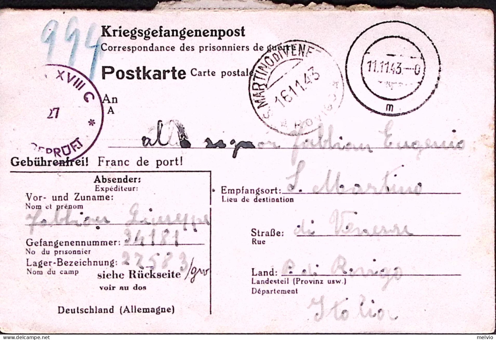 1943-STALAG 317 (XVIII) Su Cartolina Franchigia Annullo Muto (11.11) Da Prigioni - Guerre 1939-45