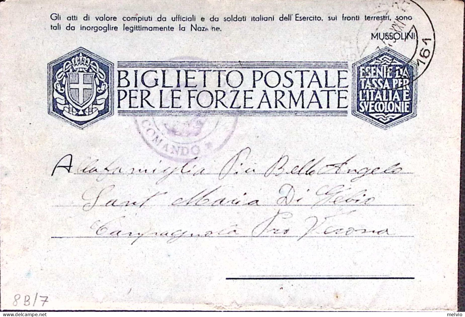 1943-BIGLIETTO FRANCHIGIA A Larga Frase Gli Atti .piega Centrale - War 1939-45