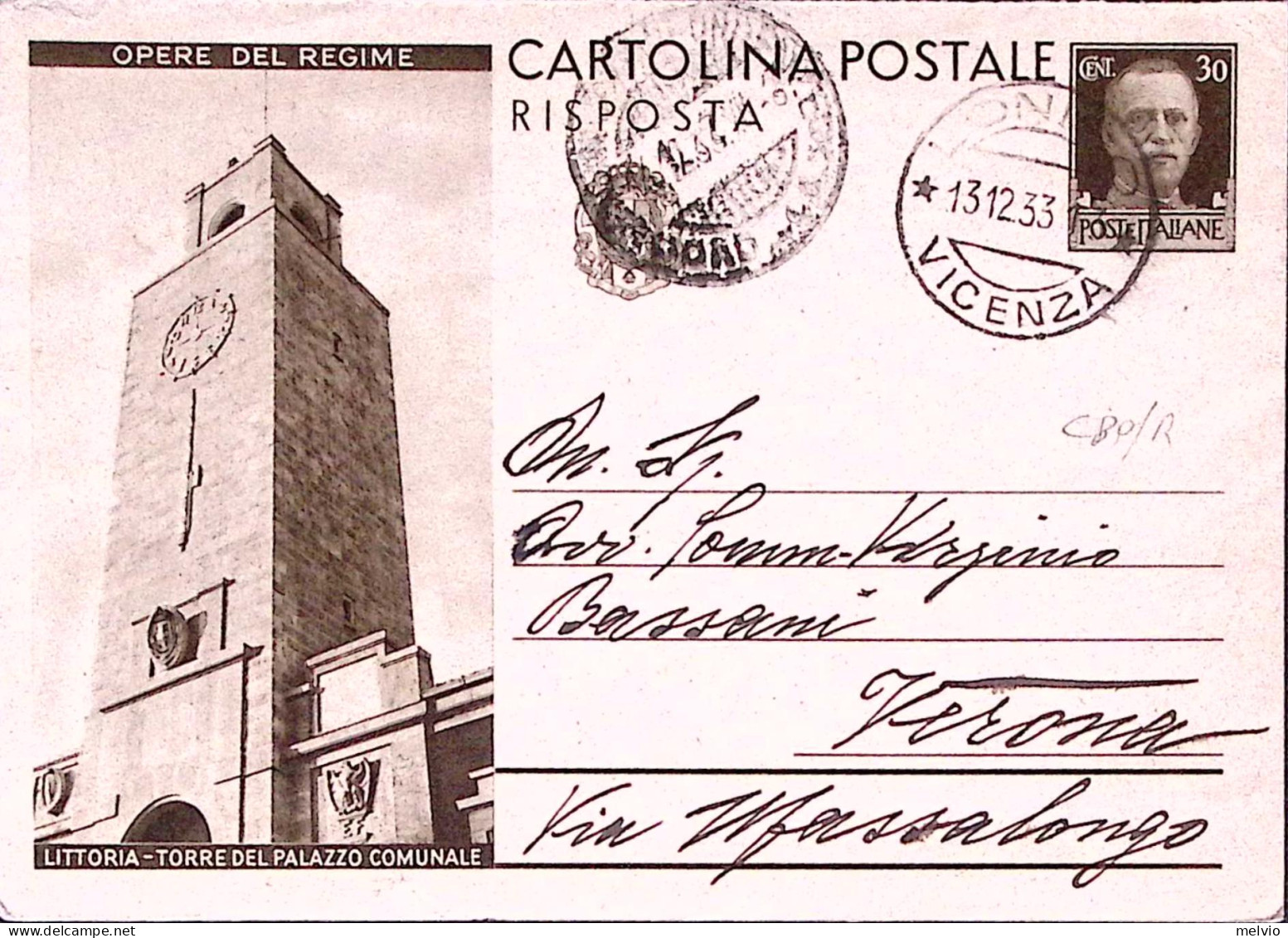 1933-CARTOLINA POSTALE RP Littoria Torre Del Palazzo Comunale RISPOSTA Viaggiata - Stamped Stationery