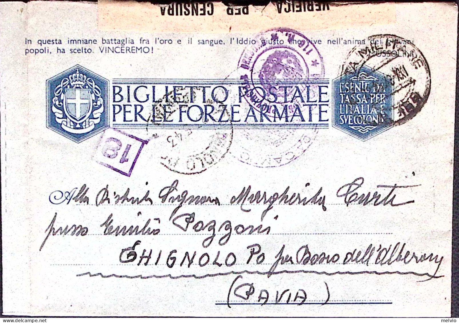 1943-Posta Militare/n. 169 C.2 (21.5) Su Biglietto Franchigia - War 1939-45