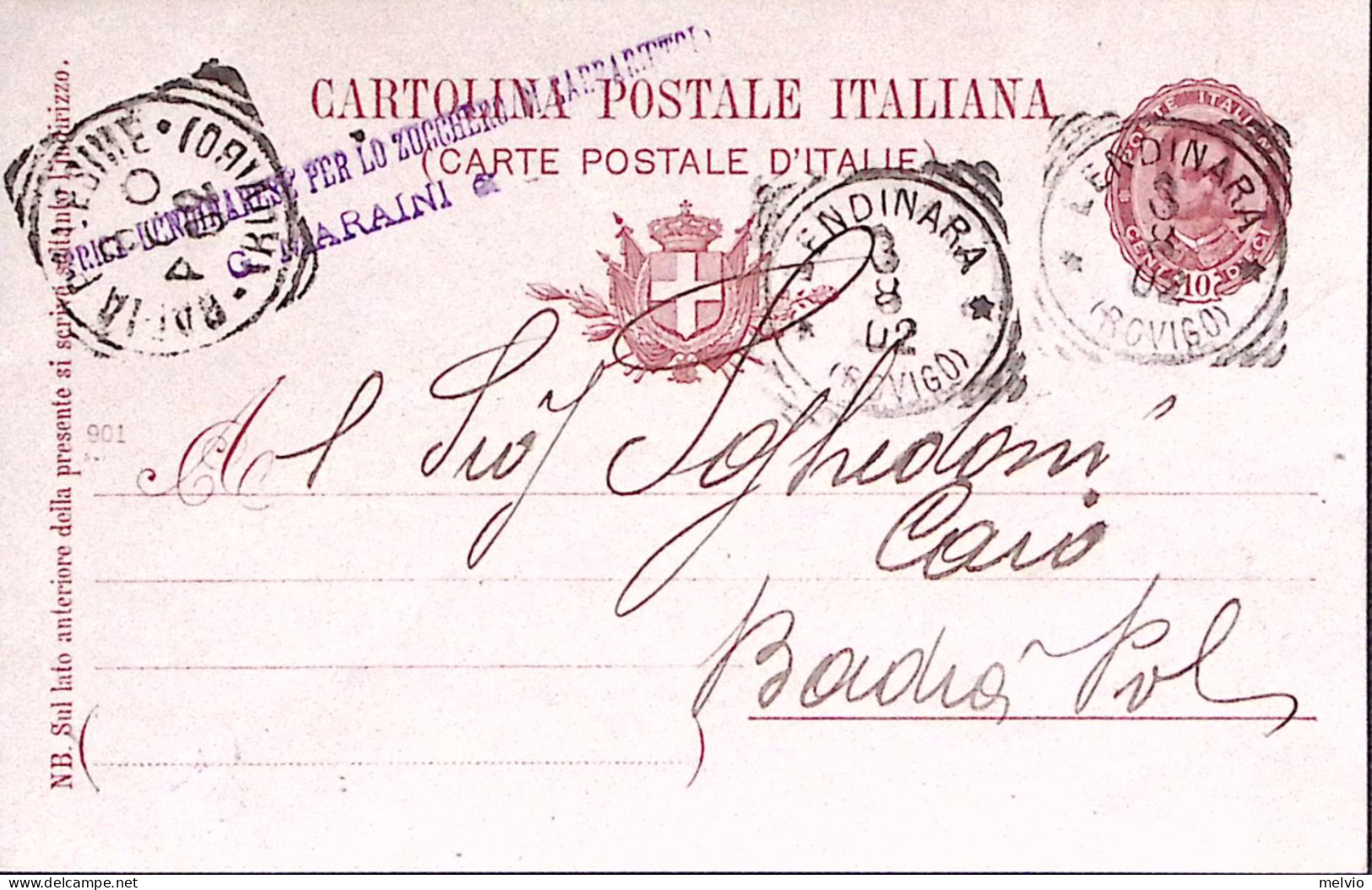 1902-BADIA POLESINE/(ROVIGO) Tondo Riquadrato (8.8) Su Cartolina Postale Effigie - Interi Postali