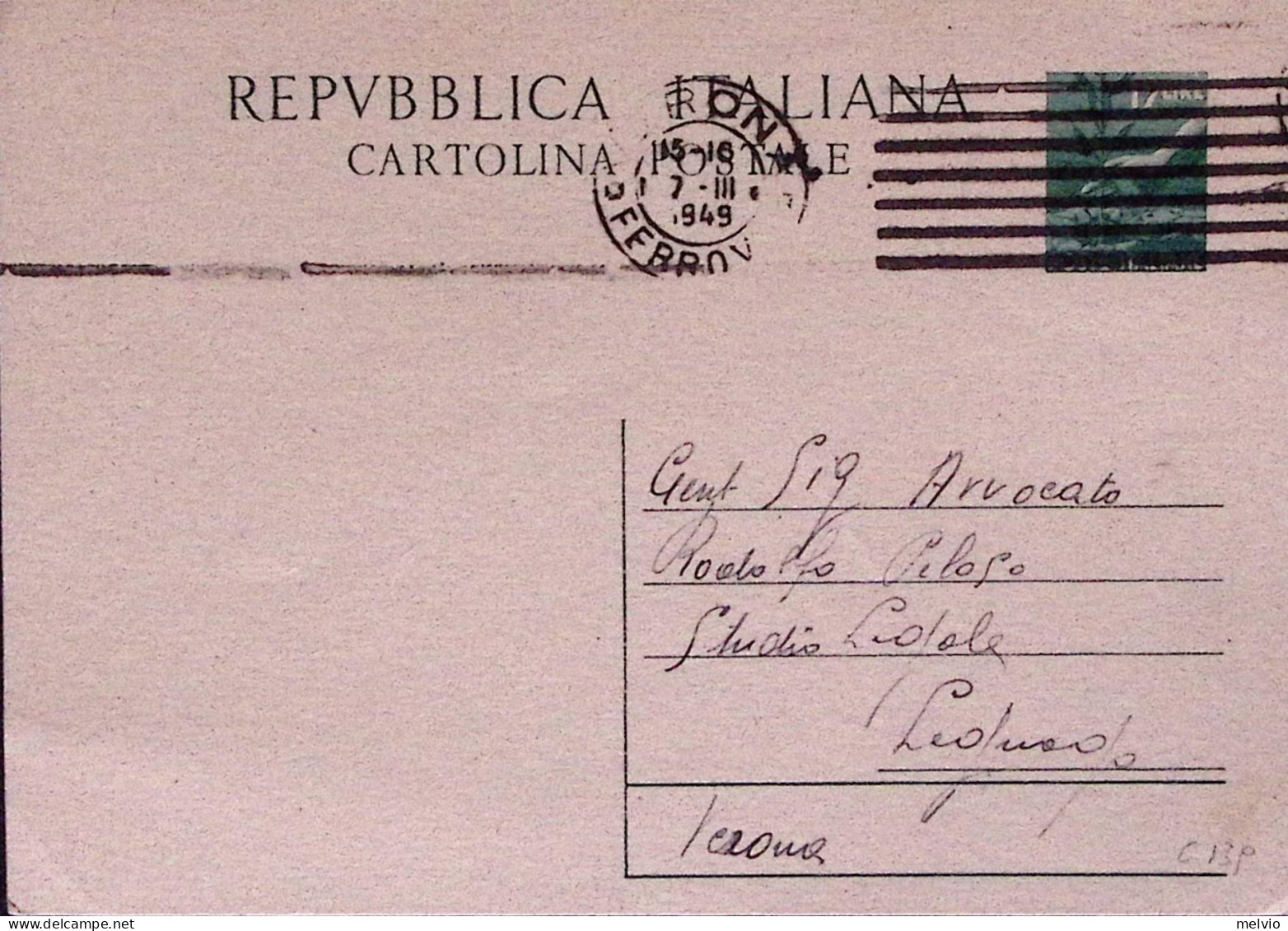 1949-CARTOLINA POSTALE Democratica Lire 12 Senza Francobollo Aggiunto Verona (7. - 1946-60: Poststempel